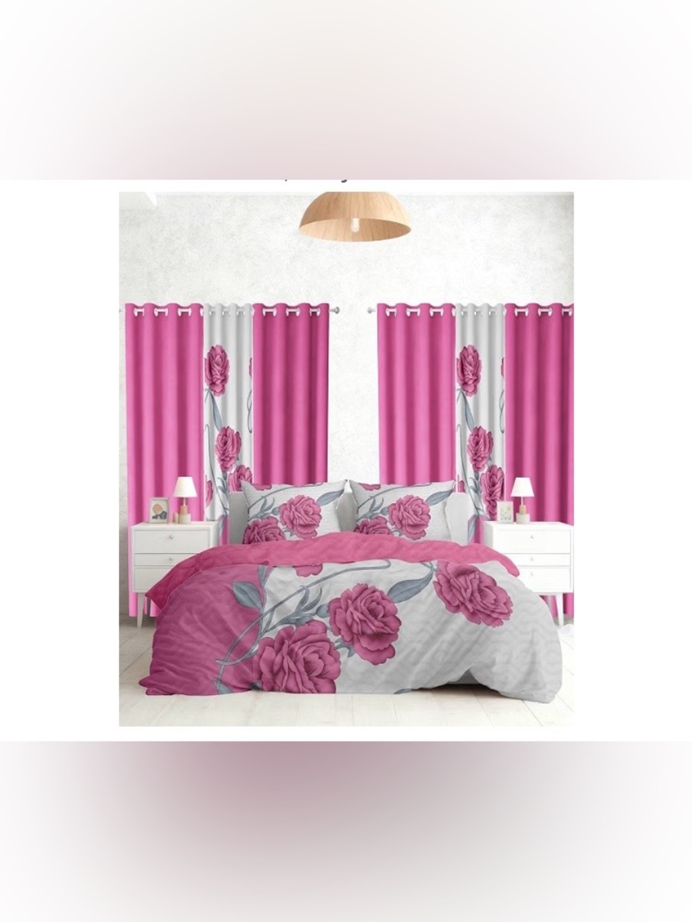 Bedding Set with Matching Curtains Pink Flower Branches Bed in A Bag, CAL KING